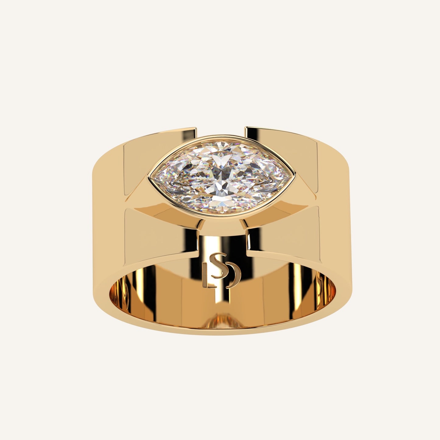 Anello in oro giallo con diamante di laboratorio taglio marquise, firmato LUXE SPARK Diamonds