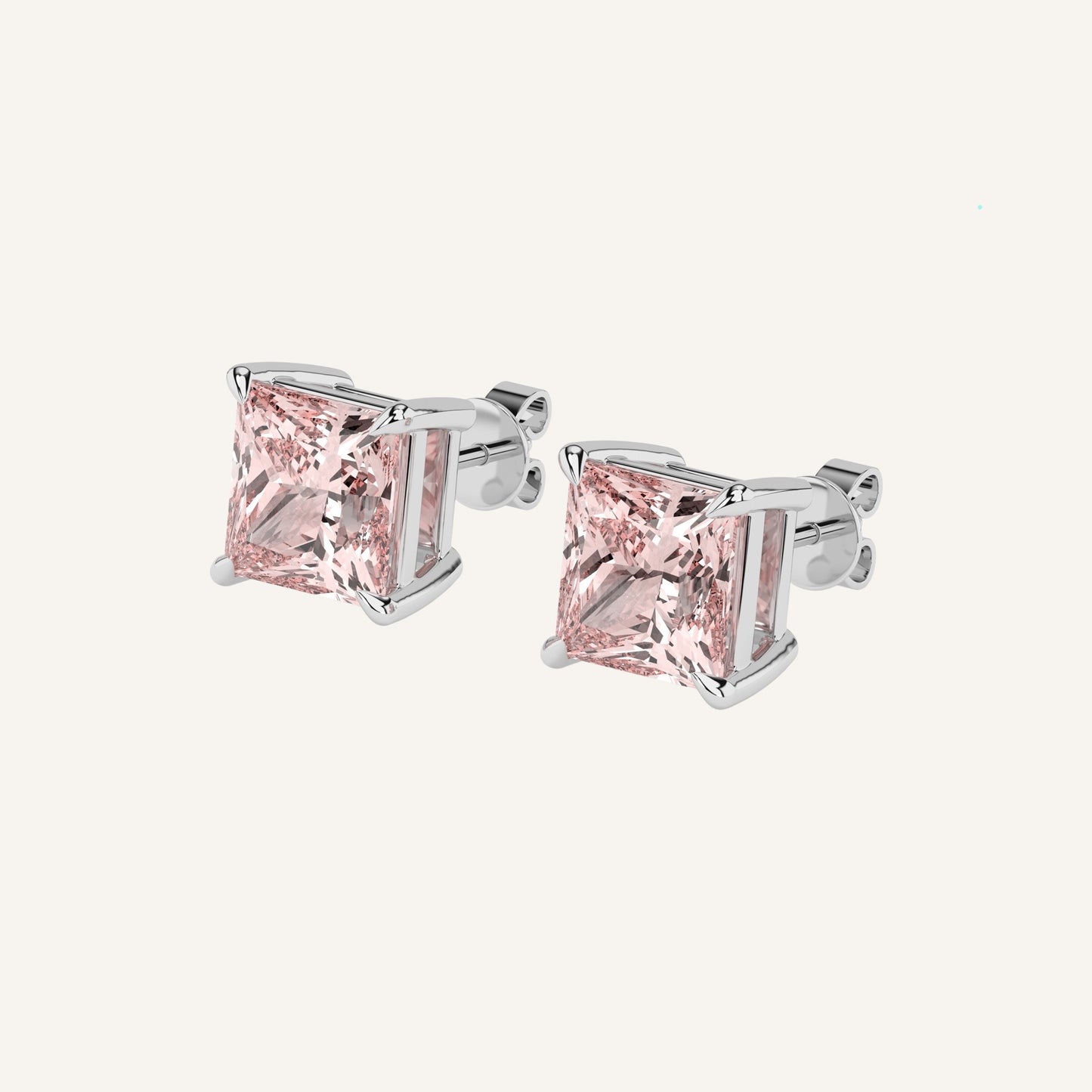 Orecchini in oro bianco con diamanti di laboratorio fancy vivid pink taglio princess, firmati LUXE SPARK Diamonds