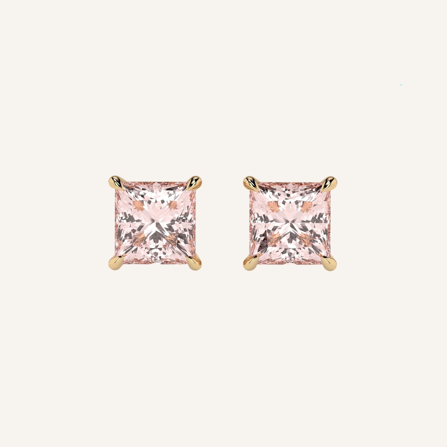 Orecchini in oro giallo con diamanti di laboratorio fancy vivid pink taglio princess, firmati LUXE SPARK Diamonds