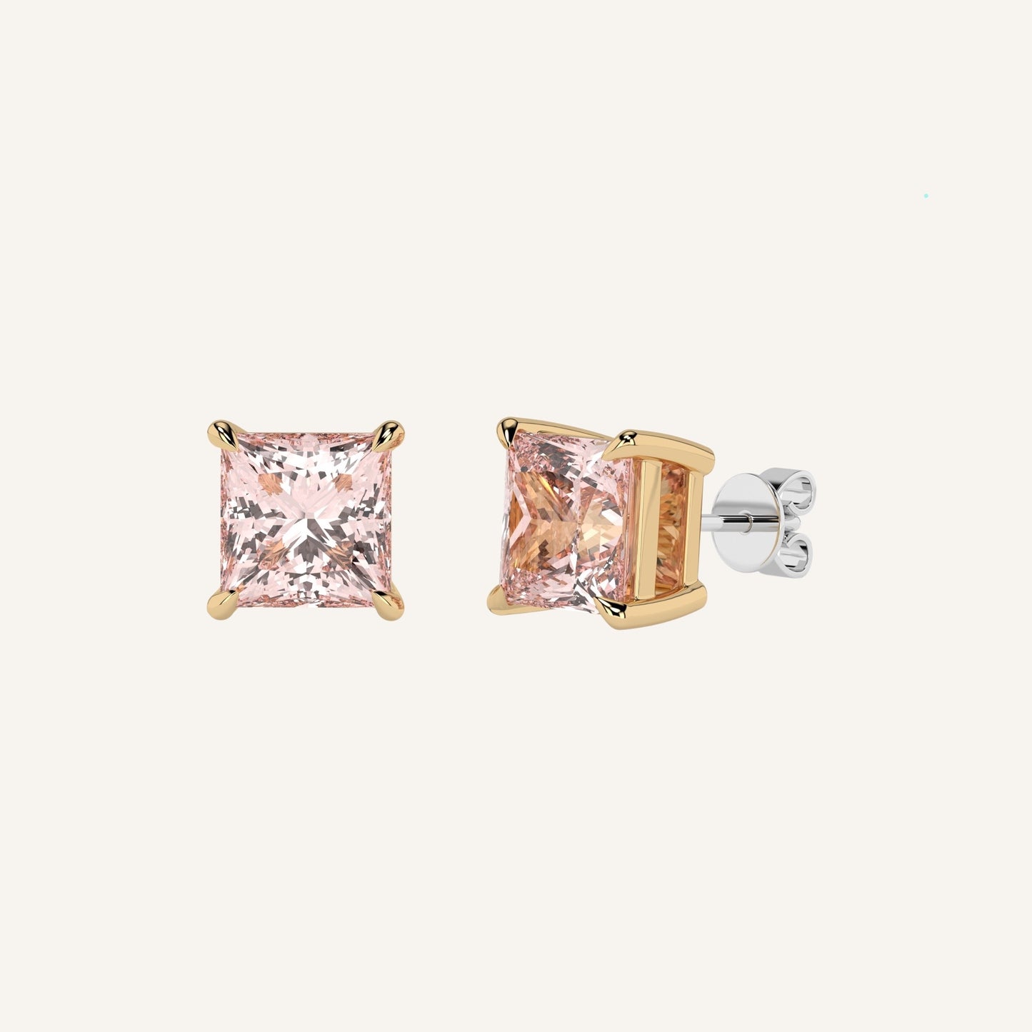 Orecchini in oro giallo con diamanti di laboratorio fancy vivid pink taglio princess, firmati LUXE SPARK Diamonds