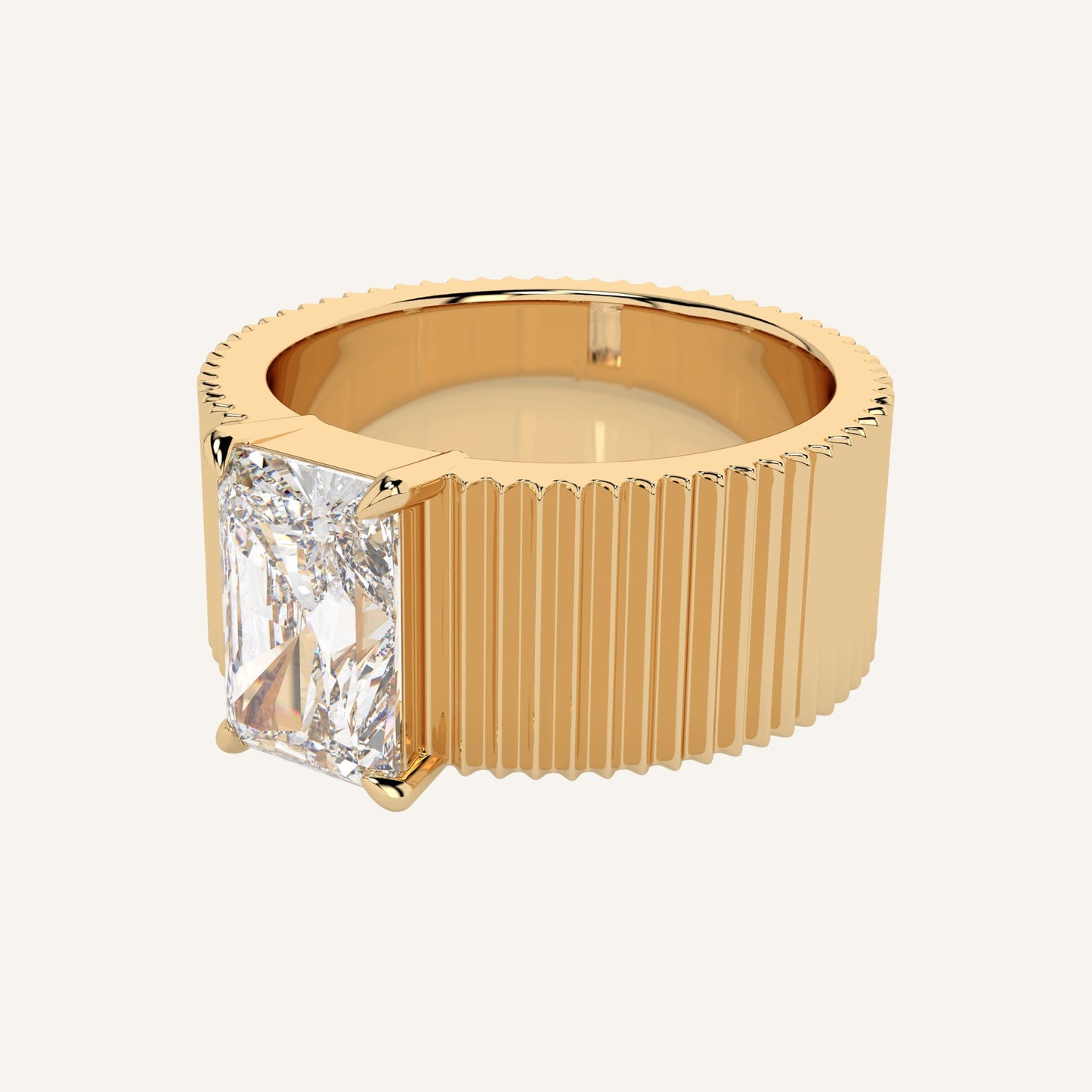 Anello a fascia in oro giallo con motivo cannettè e diamante di laboratorio centrale taglio radiant, firmato LUXE SPARK Diamonds