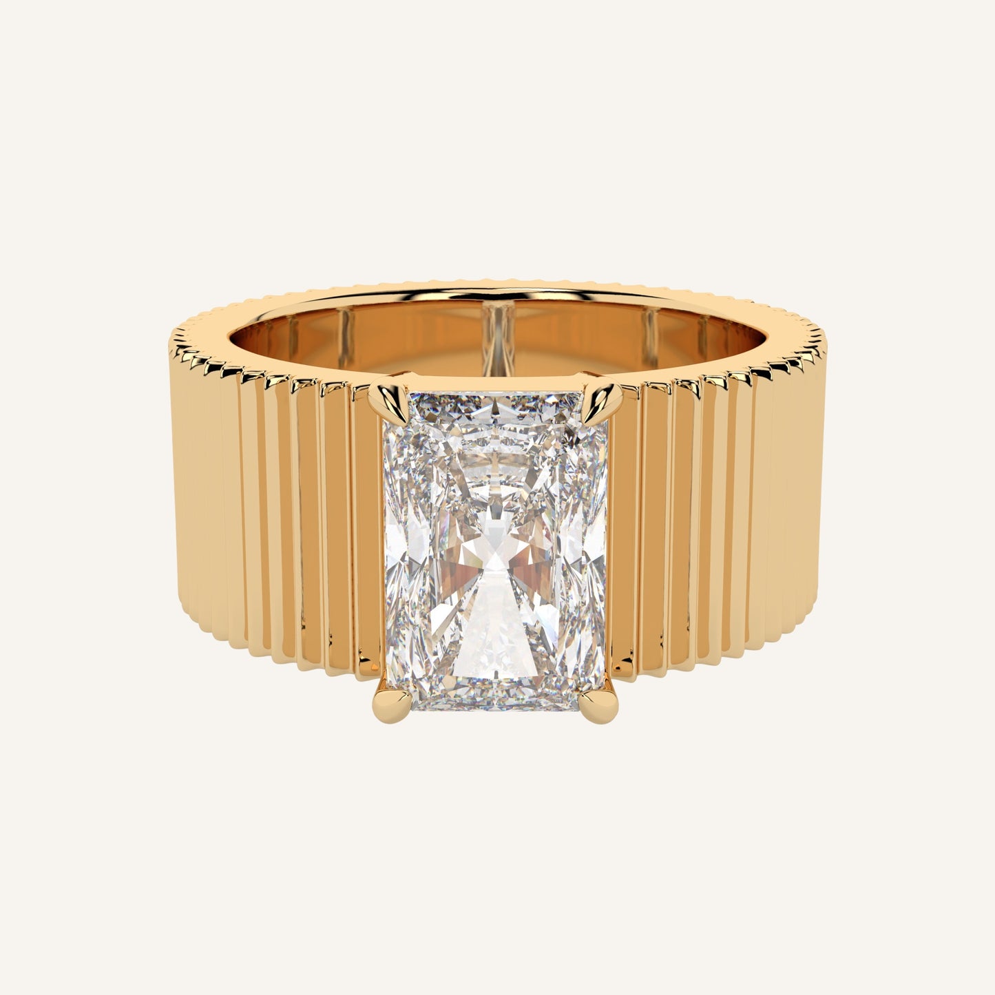 Anello a fascia in oro giallo con motivo cannettè e diamante di laboratorio centrale taglio radiant, firmato LUXE SPARK Diamonds