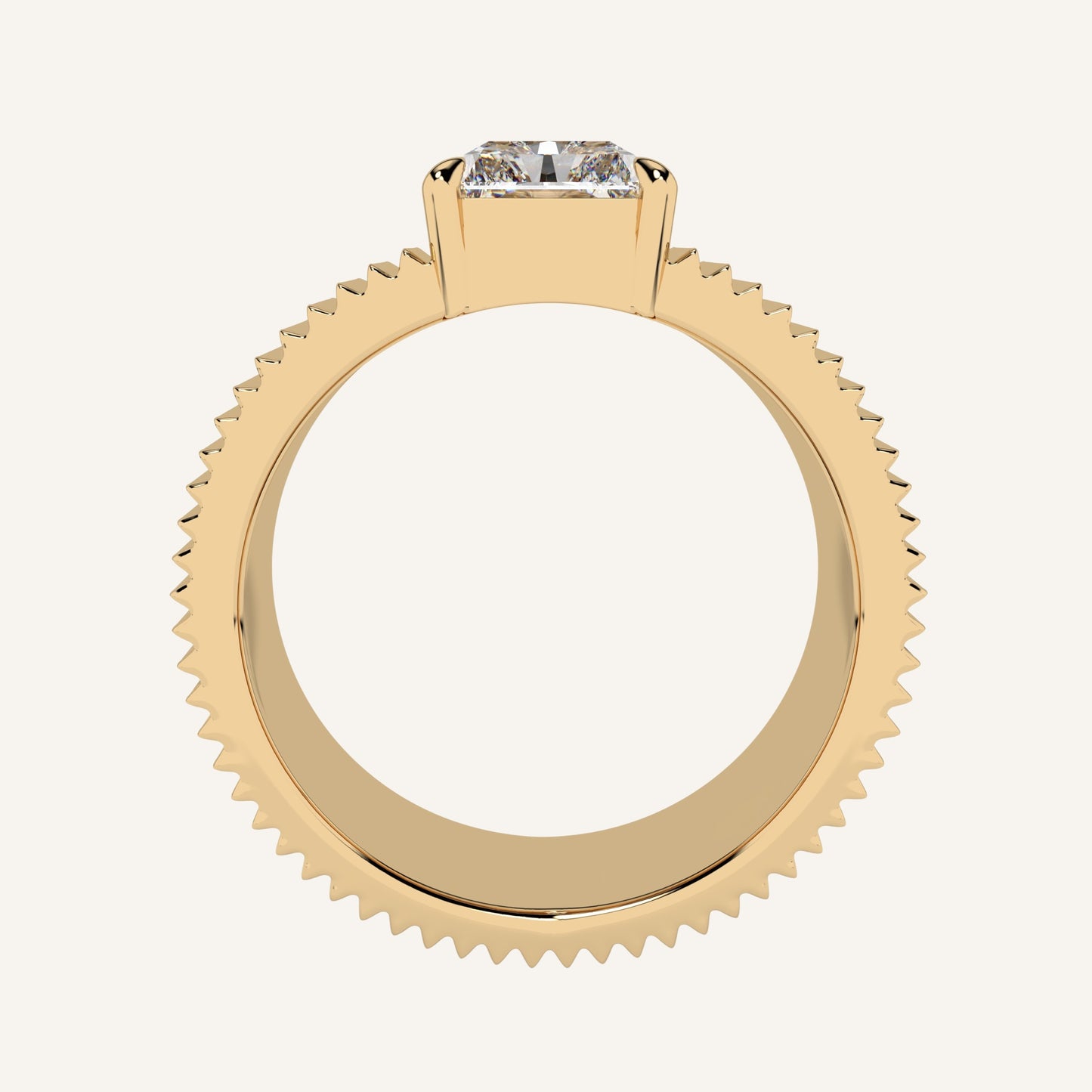 Anello a fascia in oro giallo con motivo cannettè e diamante di laboratorio centrale taglio radiant, firmato LUXE SPARK Diamonds