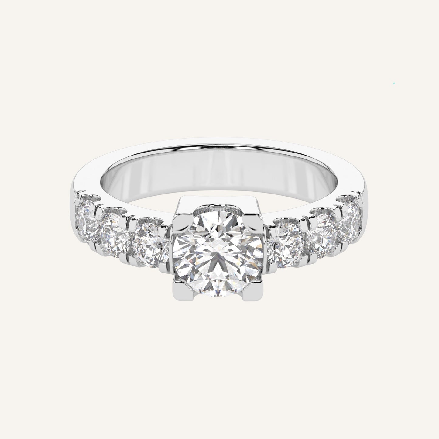 Anello in oro bianco con diamanti di laboratorio laterali e diamante centrale da un carato, firmato LUXE SPARK Diamonds