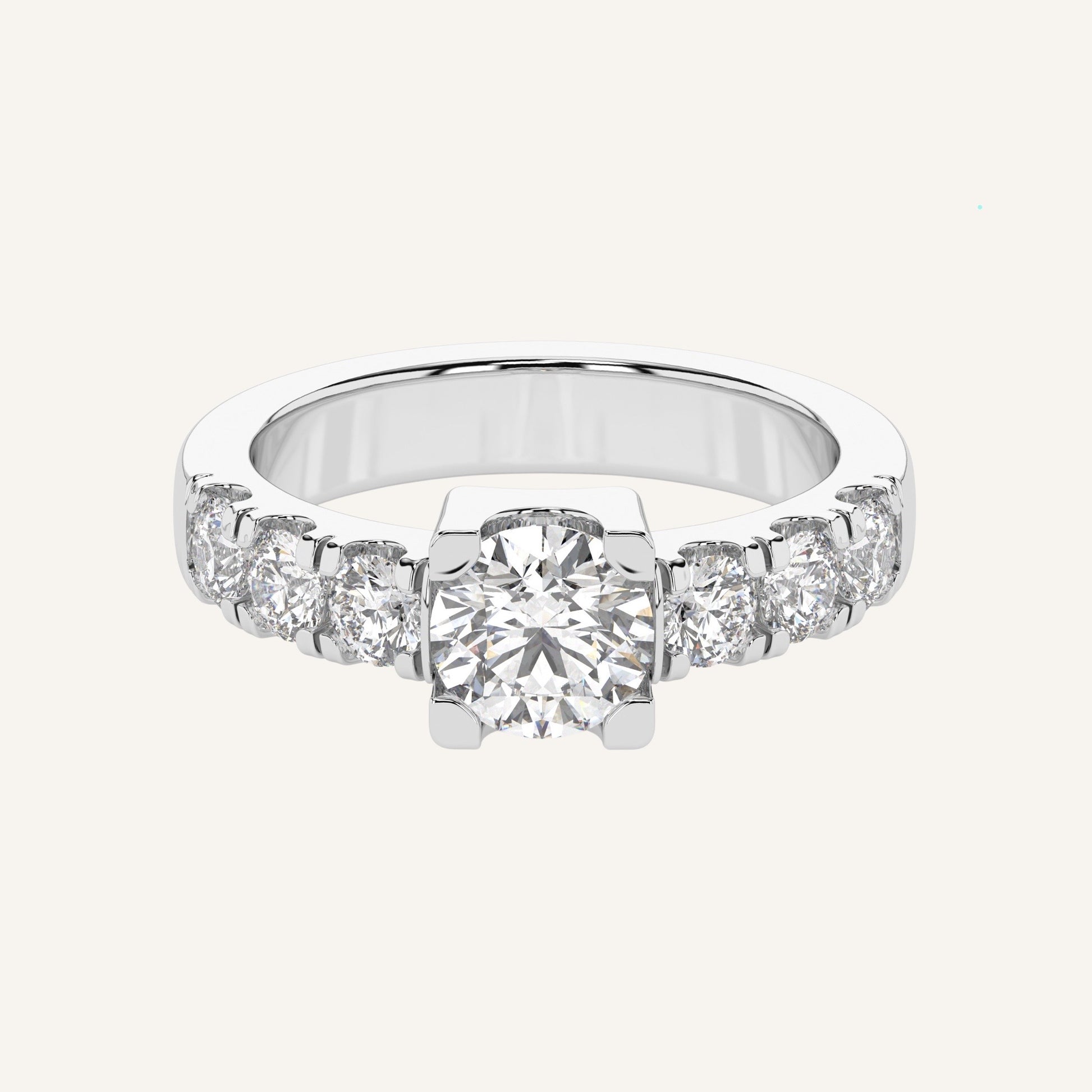 Anello in oro bianco con diamanti di laboratorio laterali e diamante centrale da un carato, firmato LUXE SPARK Diamonds