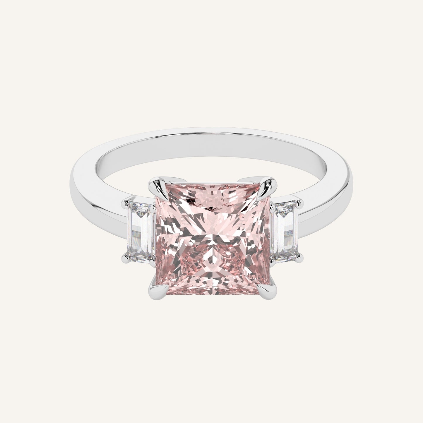Anello in oro bianco con diamante di laboratorio centrale fancy vivid pink taglio princess, firmato LUXE SPARK Diamonds