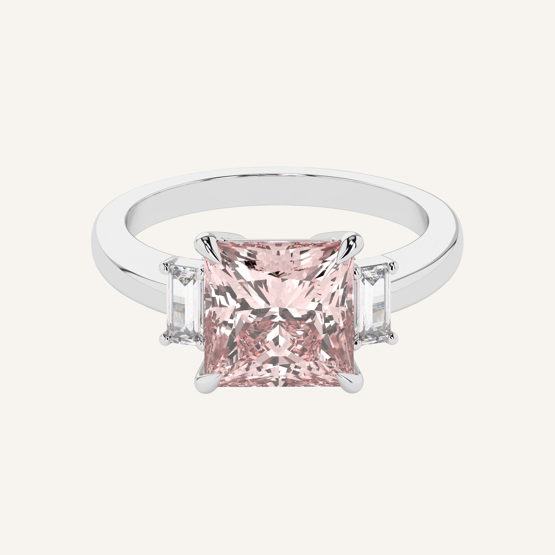 Anello in oro bianco con diamante di laboratorio centrale fancy vivid pink taglio princess, firmato LUXE SPARK Diamonds