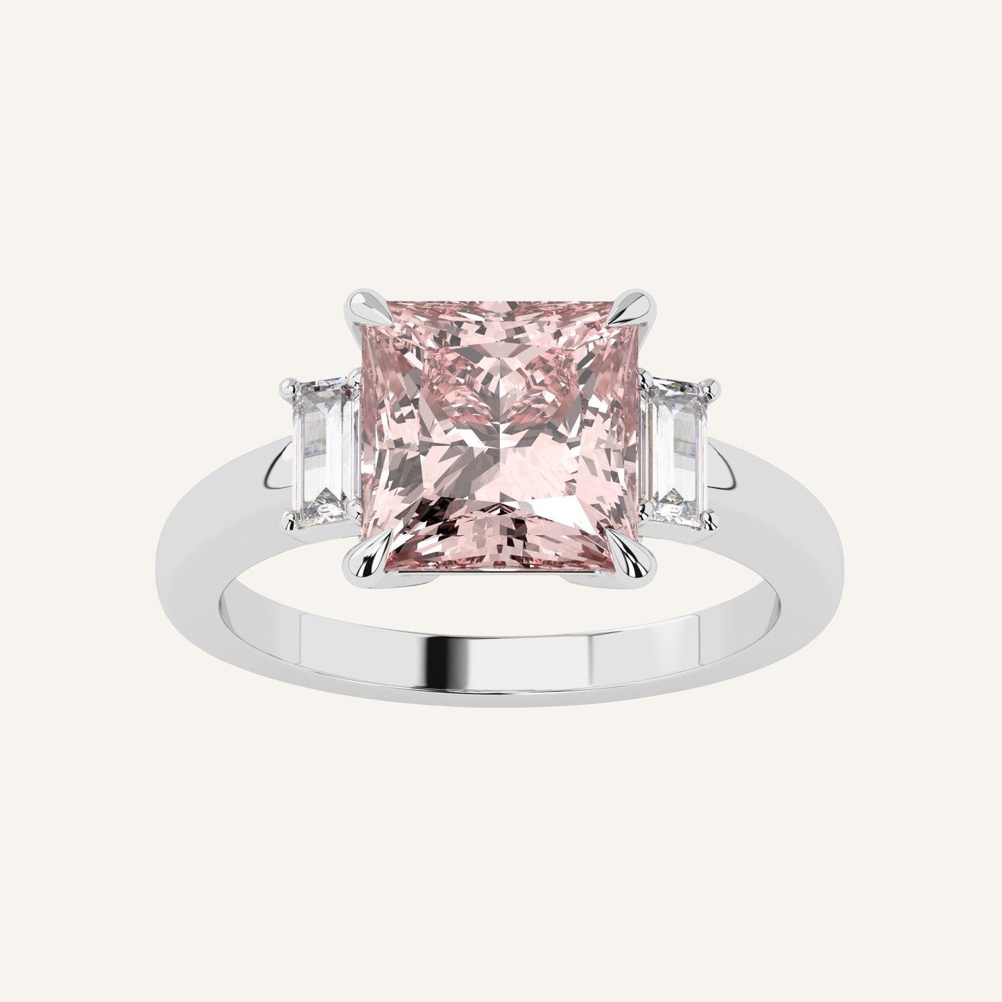 Anello in oro bianco con diamante di laboratorio centrale fancy vivid pink taglio princess, firmato LUXE SPARK Diamonds