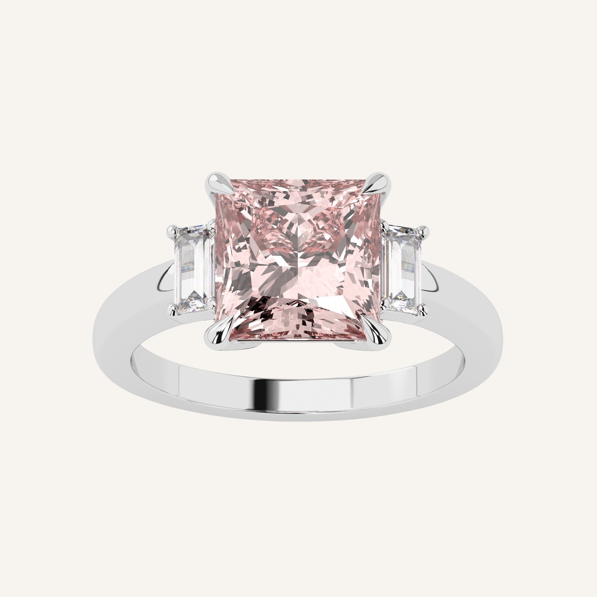 Anello in oro bianco con diamante di laboratorio centrale fancy vivid pink taglio princess, firmato LUXE SPARK Diamonds