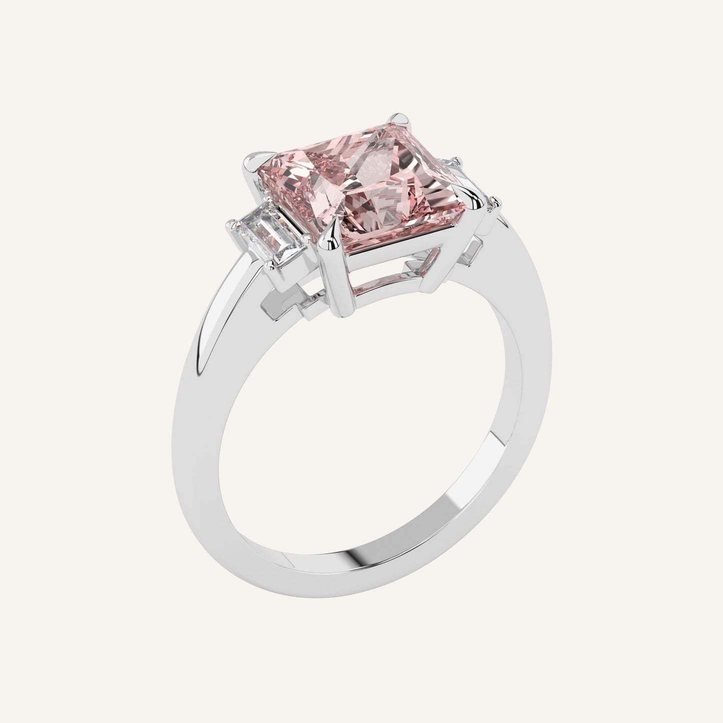 Anello in oro bianco con diamante di laboratorio centrale fancy vivid pink taglio princess, firmato LUXE SPARK Diamonds