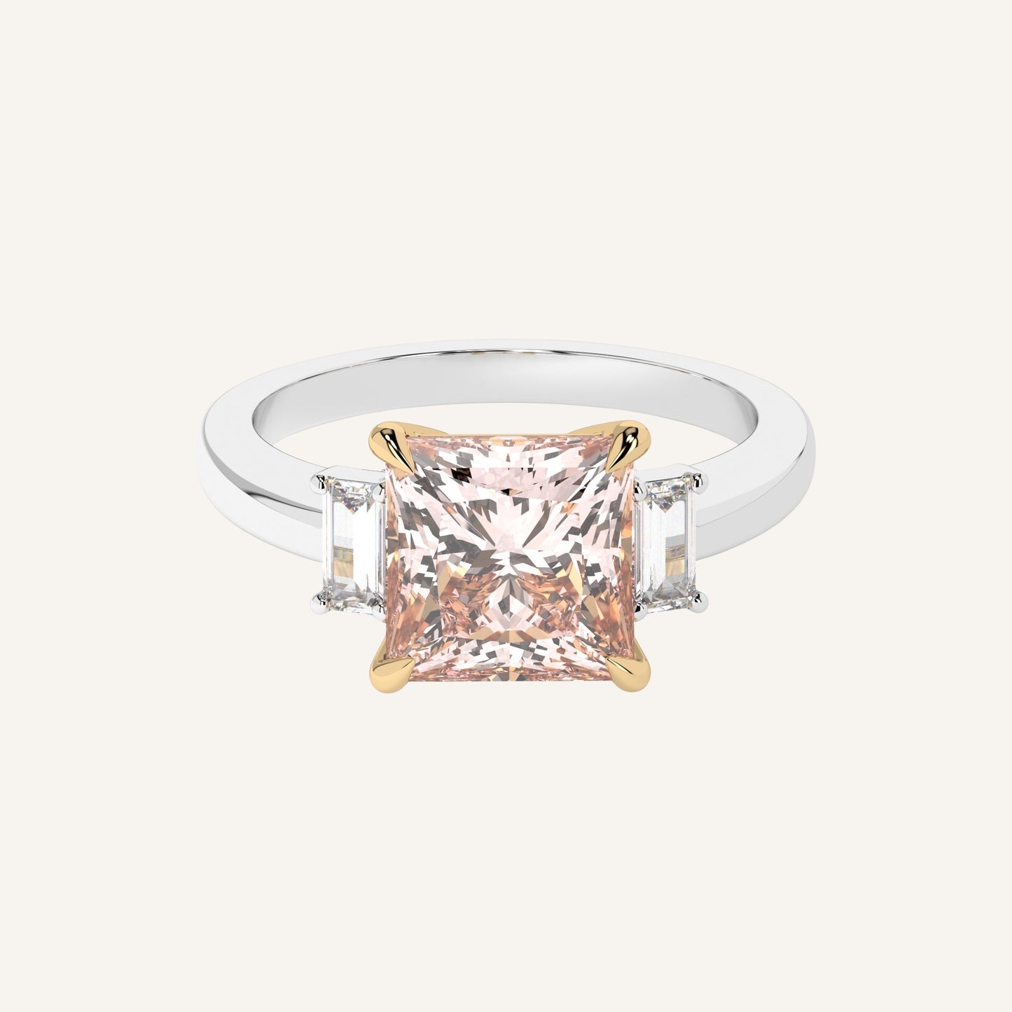 Anello in oro giallo con diamante di laboratorio centrale fancy vivid pink taglio princess, firmato LUXE SPARK Diamonds