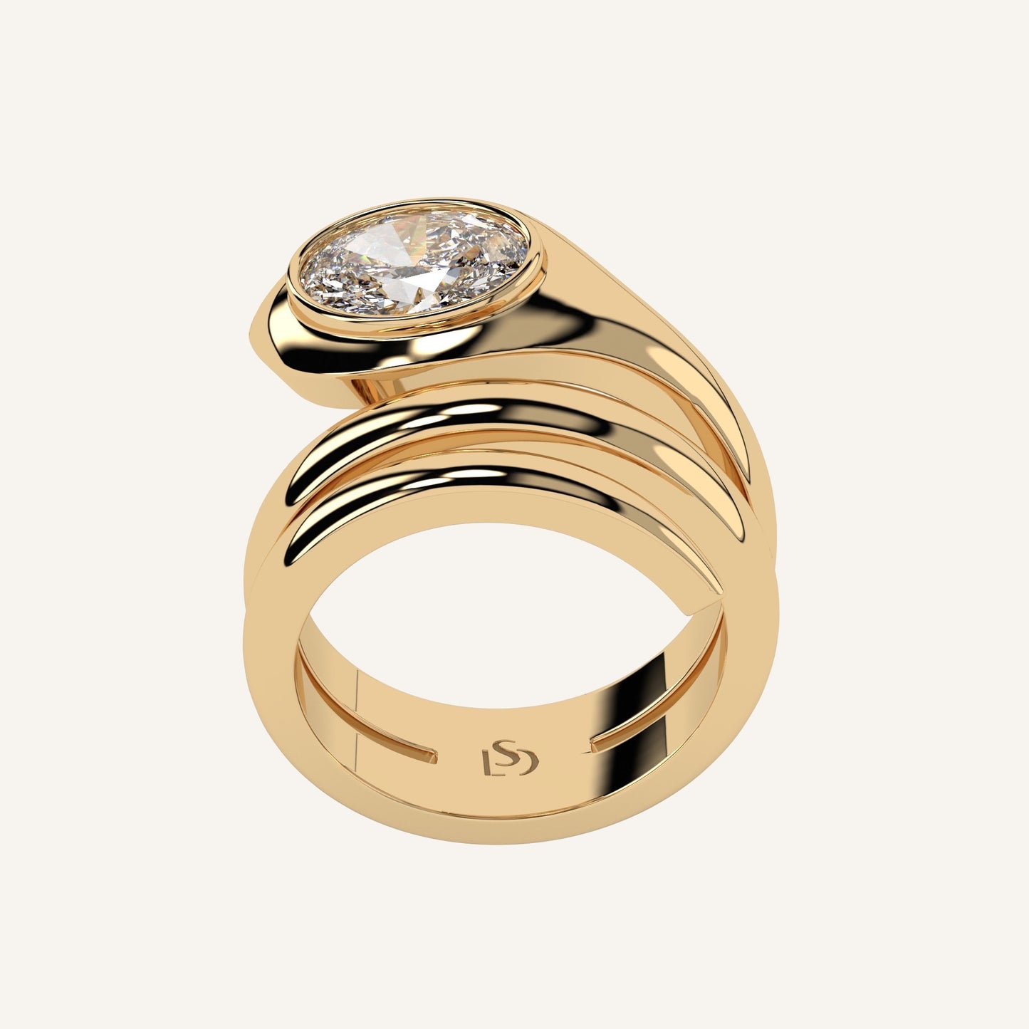 Anello serpente in oro giallo con diamante di laboratorio taglio ovale, firmato LUXE SPARK Diamonds