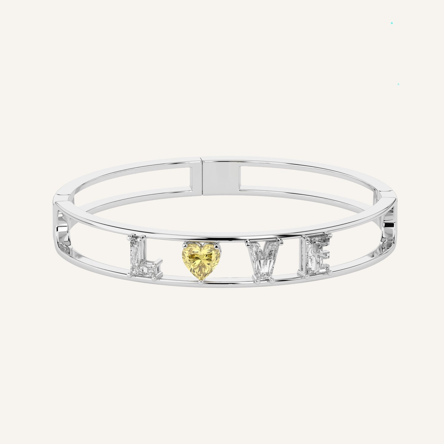 Bracciale LOVE in oro bianco con cuore fancy yellow in diamante di laboratorio e iniziale personalizzata, firmato LUXE SPARK Diamonds