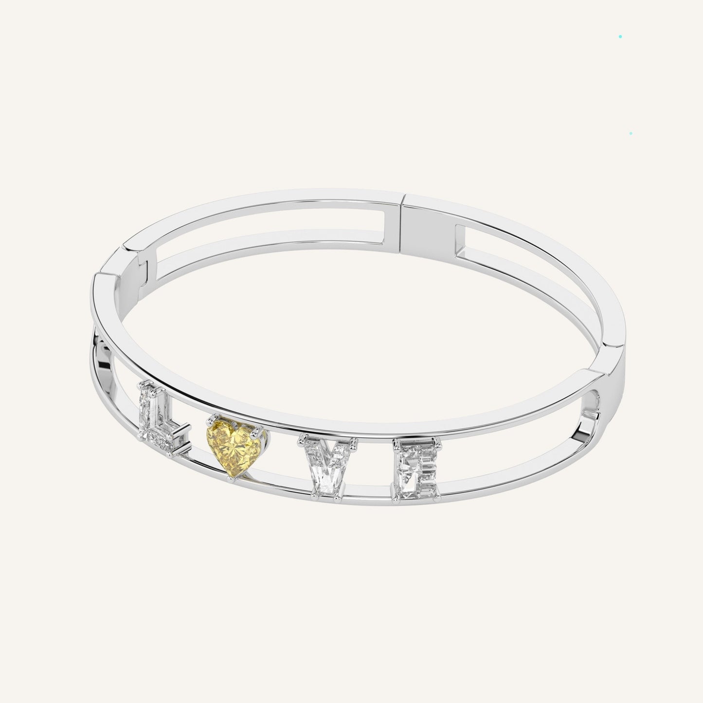 Bracciale LOVE in oro bianco con cuore fancy yellow in diamante di laboratorio e iniziale personalizzata, firmato LUXE SPARK Diamonds