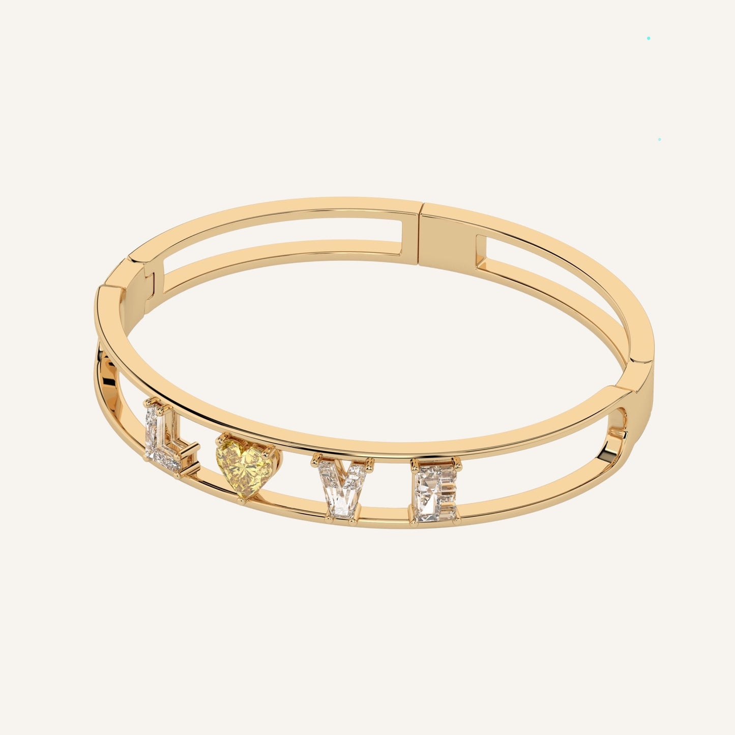 Bracciale LOVE in oro giallo con diamante di laboratorio fancy yellow a forma di cuore e iniziale, firmato LUXE SPARK Diamonds