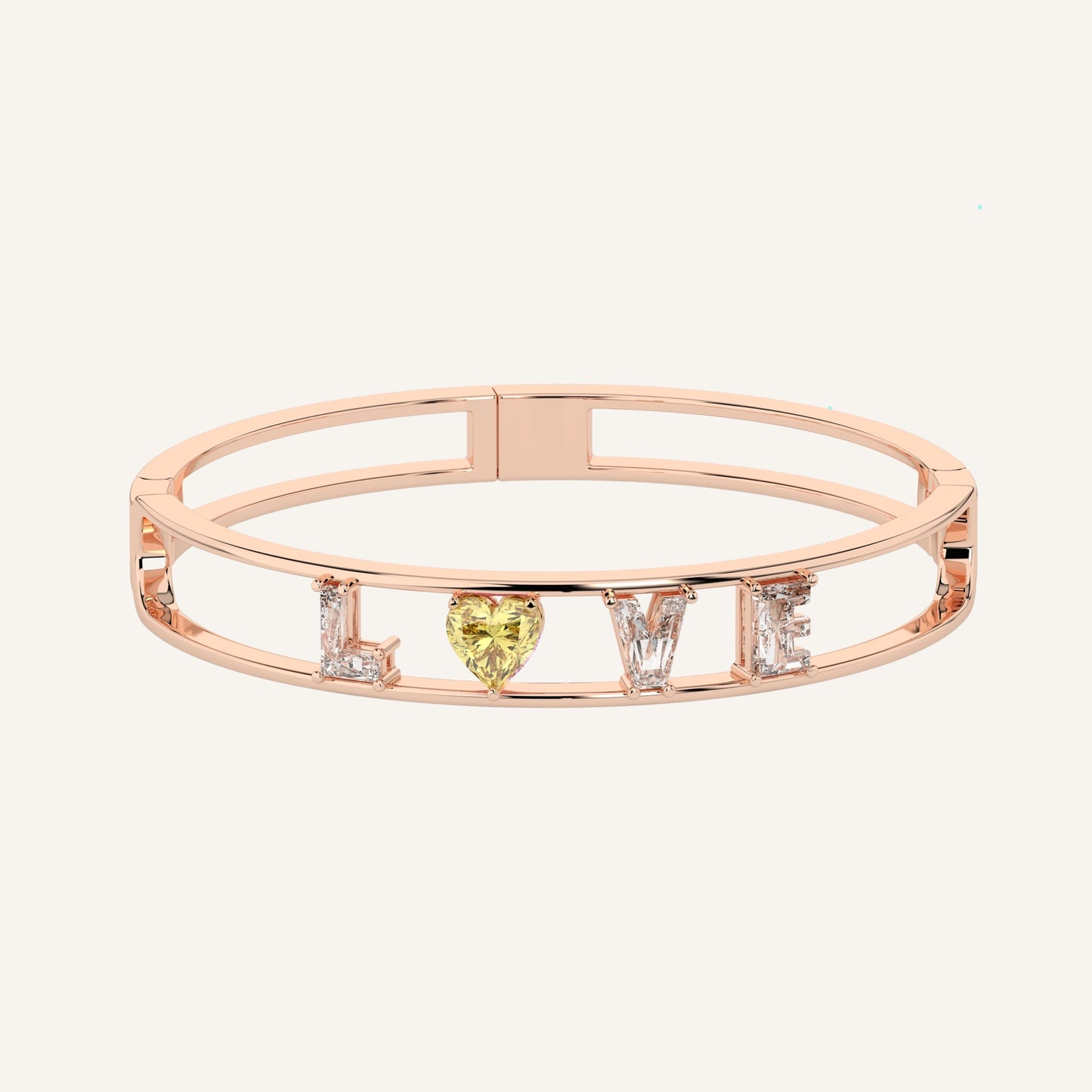 Bracciale LOVE in oro rosa con cuore fancy yellow e lettera in diamante, firmato LUXE SPARK Diamonds