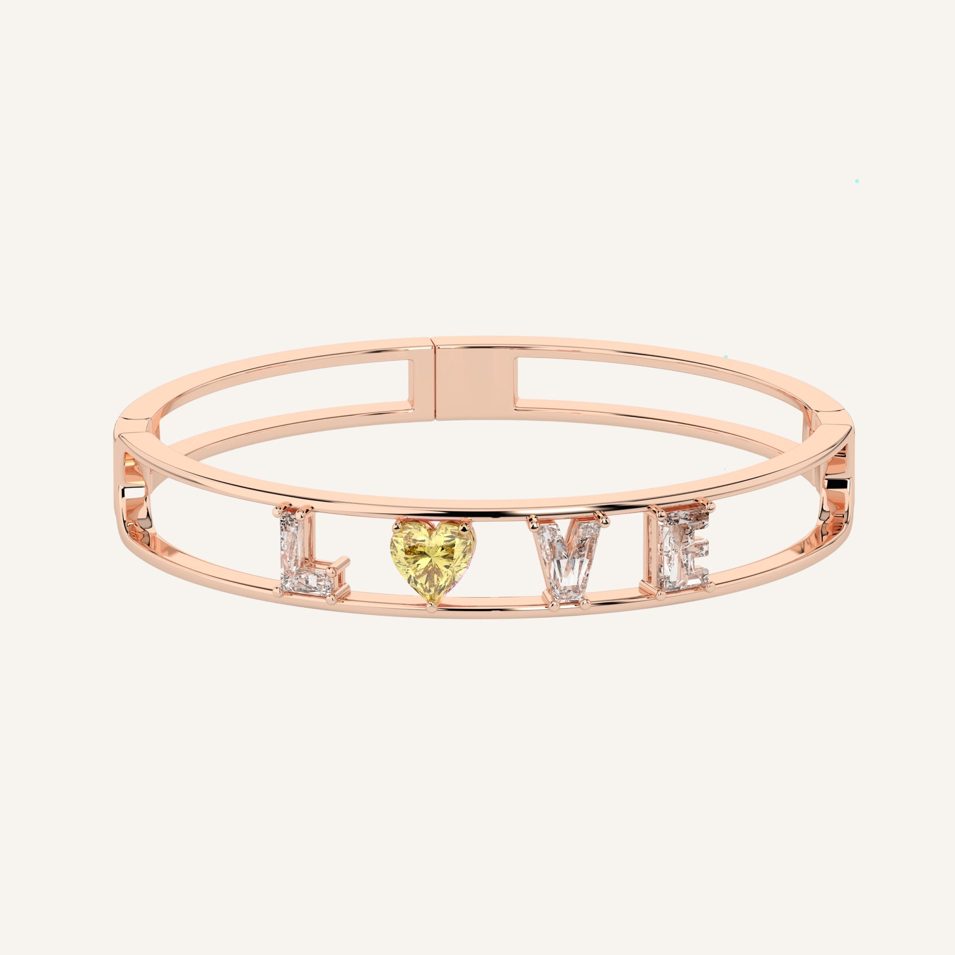 Bracciale LOVE in oro rosa con cuore fancy yellow e lettera in diamante, firmato LUXE SPARK Diamonds
